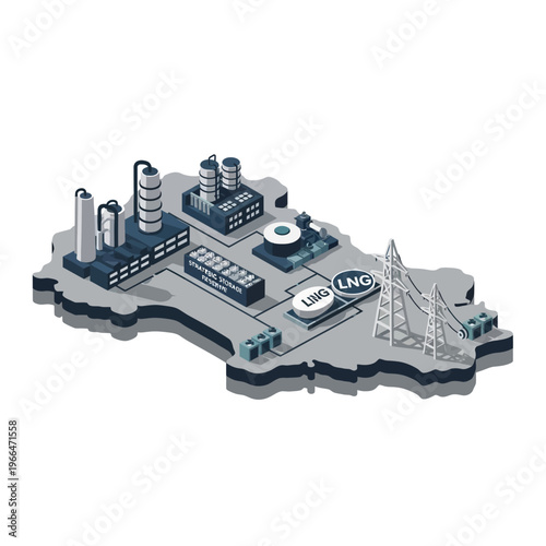 Isometric illustration of an industrial complex on a map outline, depicting energy infrastructure and production facilities.
