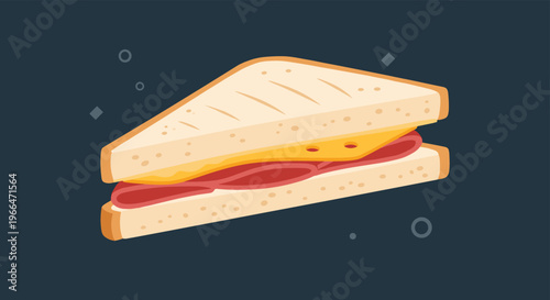Tasty grilled ham and cheese sandwich on toasted white bread shown against a dark background with simple geometric patterns.