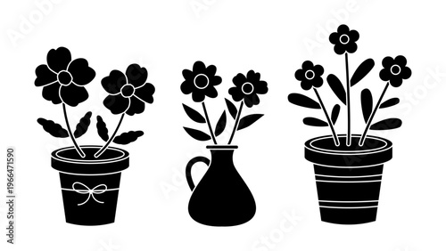 Potted flower silhouette icons set black houseplant collection solid decorative botanical elements