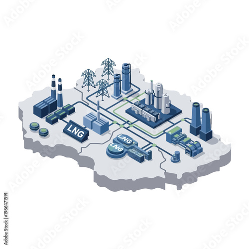 Isometric illustration depicting a complex industrial energy infrastructure network on a map outline, featuring LNG terminals, power plants, and transmission lines.