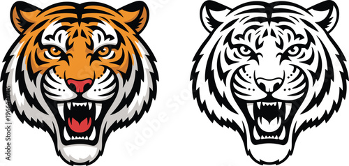 Roaring tiger head set, fierce wild animal mascot logo orange and black vector illustration design