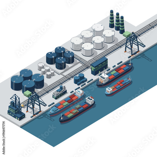 Isometric illustration of a busy industrial port with container ships, cranes, and storage tanks, showcasing global trade and logistics operations.