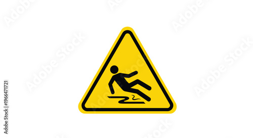 Triangular yellow caution sign features a black silhouette of a person slipping to warn about a wet and dangerous floor surface.