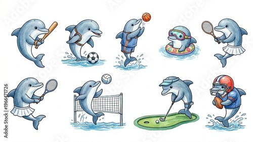  Set of funny cartoon cute Dolphin animals in playful sports vector style featuring smiling characters for kids toy illustration collection