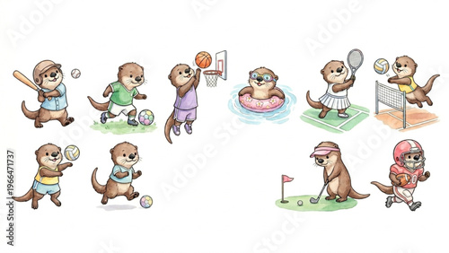  Set of funny cartoon cute Otter animals in playful sports vector style featuring smiling characters for kids toy illustration collection