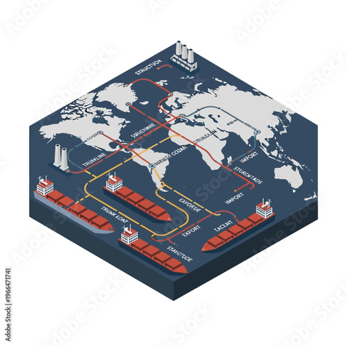 Global logistics and supply chain visualization showing international shipping routes, manufacturing, and distribution networks across continents.
