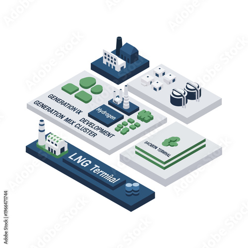 Isometric illustration depicting an integrated energy infrastructure including LNG terminal, hydrogen production, and power generation facilities.