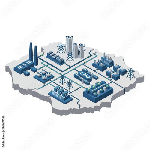 Isometric illustration depicting a country's energy infrastructure with various industrial facilities and power transmission lines.