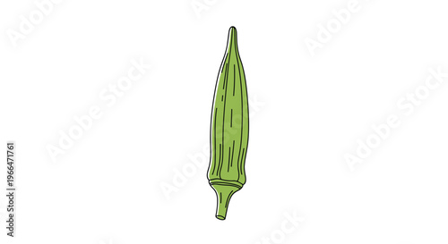 Single fresh green okra pod positioned vertically against a plain white background showing its characteristic ridges and stem.