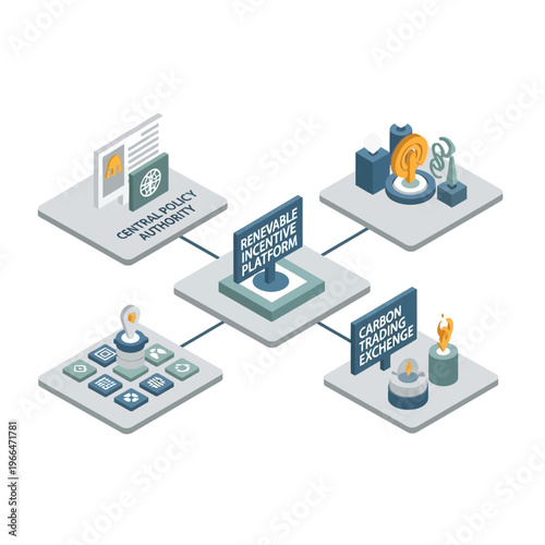 Diagram illustrating the interconnected components of a renewable incentive platform, including a central policy authority, a carbon trading exchange, and a user interface.