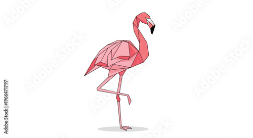 Elegant pink flamingo created using a geometric origami paper folding style standing on one leg with a soft shadow beneath it.