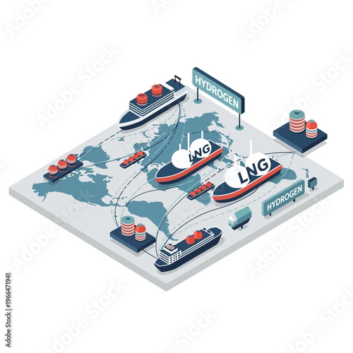 Global logistics network for transporting hydrogen and liquefied natural gas (LNG) via ships and tankers across continents.