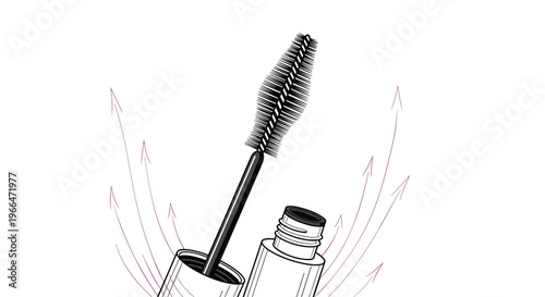 Black mascara wand being pulled out of its tube with thin purple lines indicating motion and application for eye makeup.