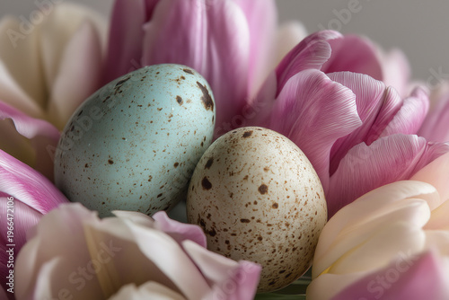 Eggs resting inside blooming tulips, macro photography, soft pastel tones