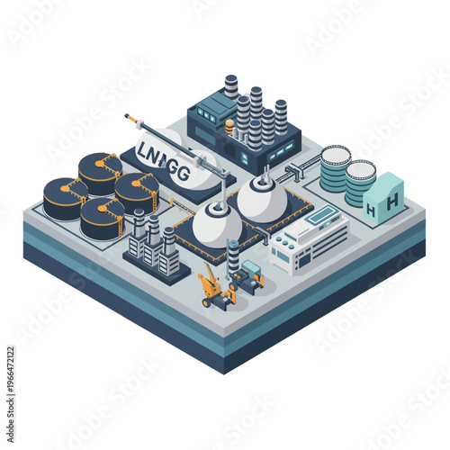 Isometric illustration of a liquefied natural gas (LNG) processing plant with storage tanks, processing units, and a loading arm.