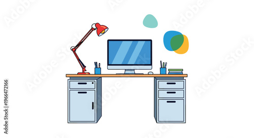 Modern home office workspace features a computer monitor a red desk lamp and various stationary items on a clean wooden table.