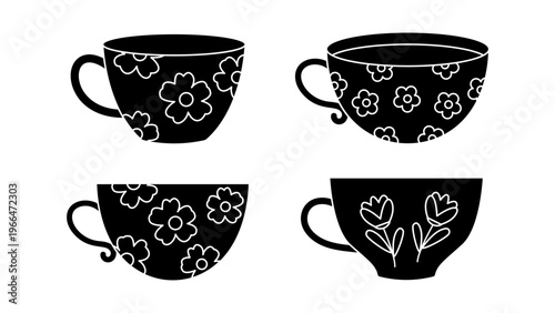 Teacup silhouette icons set black floral cup drink beverage elements minimal elegant aesthetic