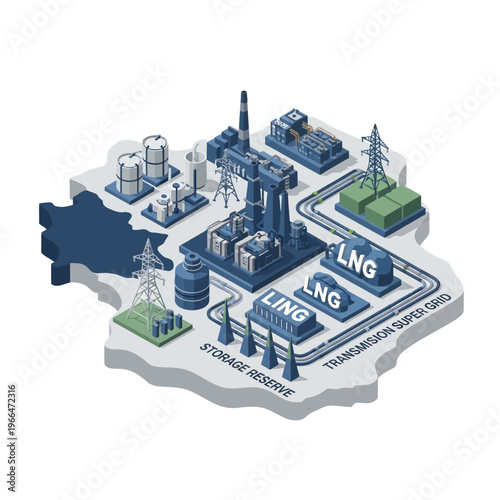Isometric illustration of an integrated energy infrastructure, showcasing power generation, storage, and transmission.