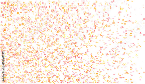 Scattered pixel confetti in warm pink orange and yellow tones on white abstract background