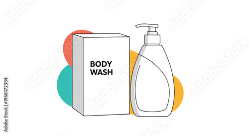 Bottle of liquid body wash soap with a pump dispenser standing next to its white cardboard packaging box with simple text.