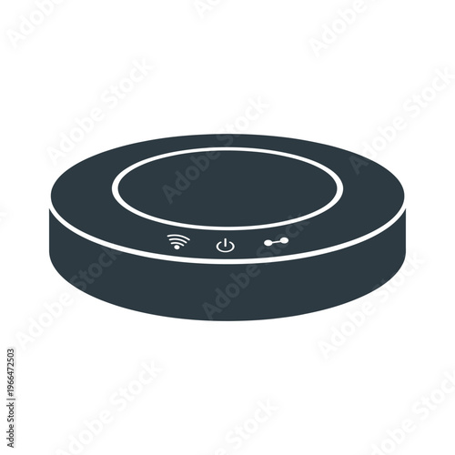 Dark gray wireless speaker with white accents and controls power button