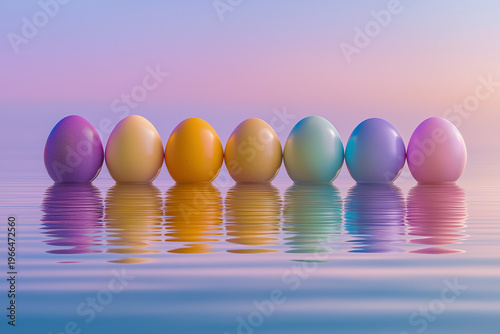 Floating eggs casting colorful reflections on water surface, minimal surreal composition
