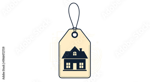 Decorative price tag featuring a dark house silhouette and a faint circular pattern background for property listing concepts.