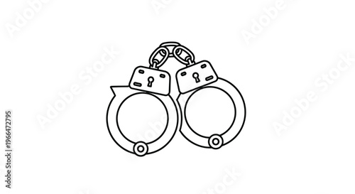 Simple black and white line drawing of a pair of metal handcuffs used for law enforcement and criminal justice themes on white.