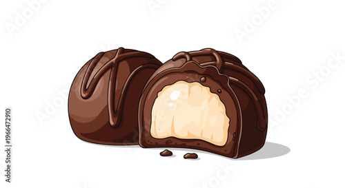 Two decadent chocolate truffles are shown with one cut open to reveal a creamy white filling inside on a white background.