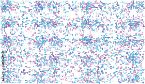 Scattered pixelated cross shapes and rectangles in pastel blues purples and pinks abstract