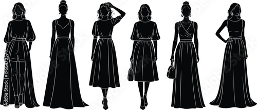 Elegant women dress silhouettes, fashion poses, stylish gowns, cocktail outfits, accessories, handbags, earrings, vector illustration, apparel design inspiration – flavector
