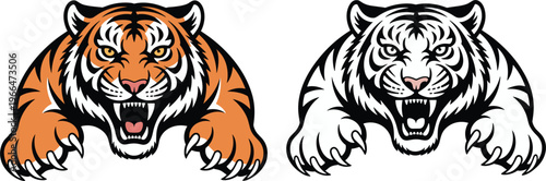 Roaring tiger head illustrations set, aggressive wild animal mascot design orange and white vector illustration