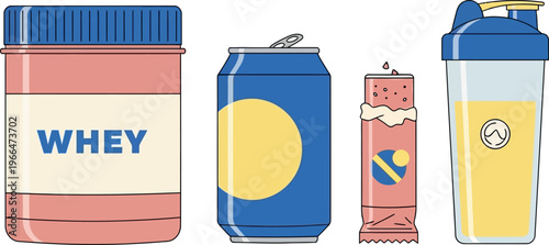 Sports Nutrition Supplement Set: Whey Protein Powder Jar, Energy Drink Can, Protein Bar, and Shaker Bottle. Vector Illustration of Fitness Supplements, Bodybuilding Diet, and Workout Nutrition.