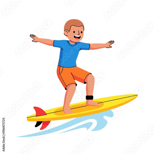 Young boy surfing on a yellow surfboard, enjoying summer vacation and water sports.