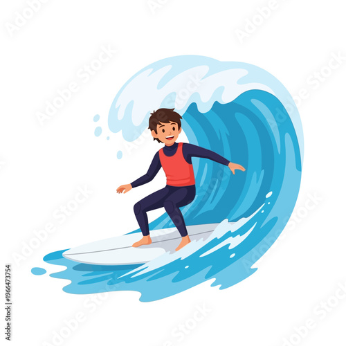 Young Surfer Riding a Big Blue Wave, Summer Beach Water Sport