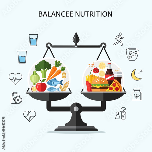 Healthy balanced diet concept with scale comparing nutritious food and junk