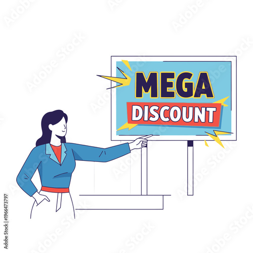 Businesswoman presenting mega discount offer on billboard