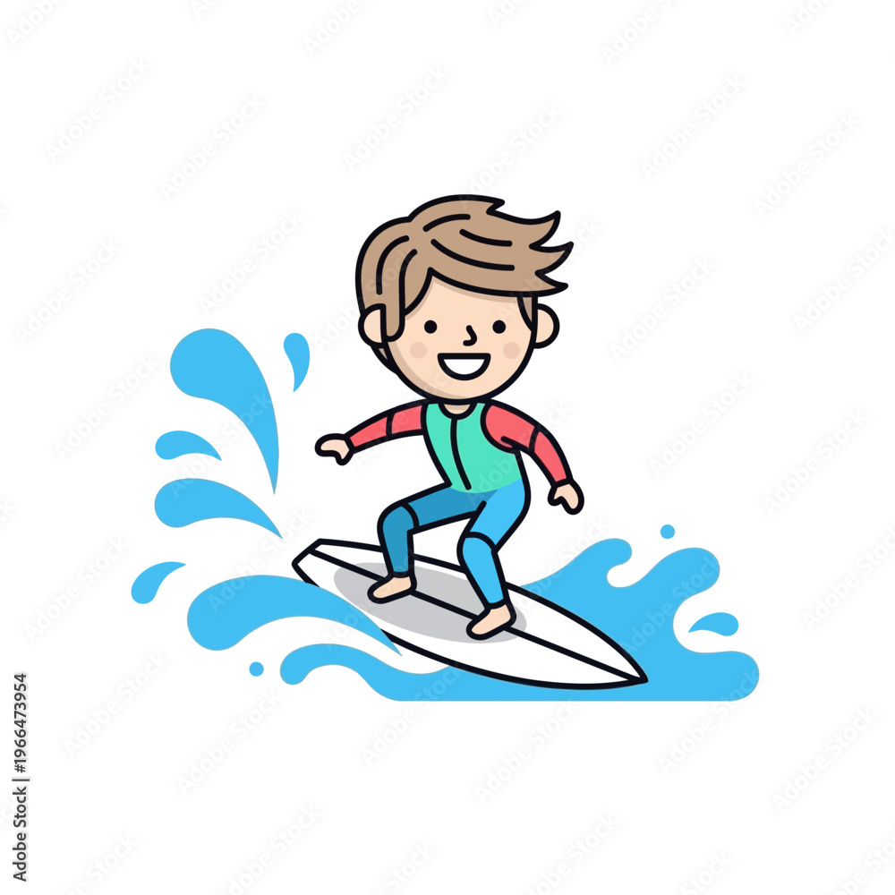 Fototapeta premium Happy Boy Surfing on White Surfboard with Blue Water Splash