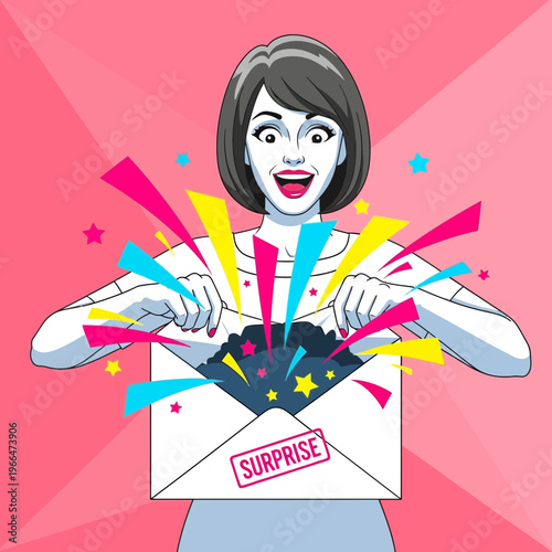 Woman excitedly opening envelope with surprise burst
