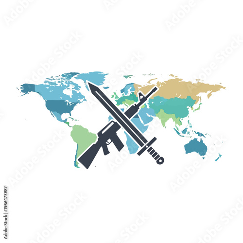 Global Conflict Concept: Sword and Rifle Crossed Over World Map