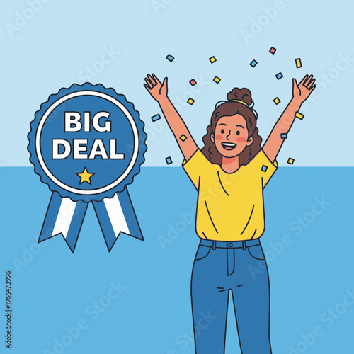 Woman celebrating big deal with arms raised in excitement and confetti