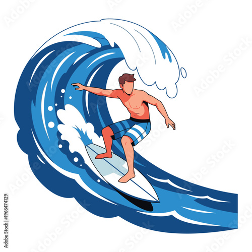Man surfing on a large blue wave, dynamic water sport illustration