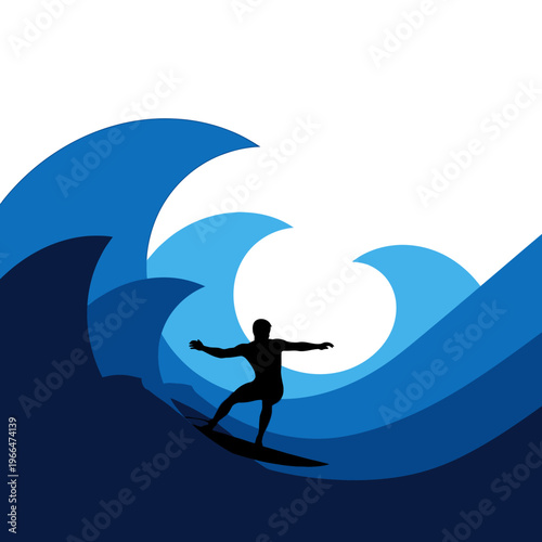 Silhouette Surfer Riding Blue Ocean Wave, Dynamic Water Sports and Adventure
