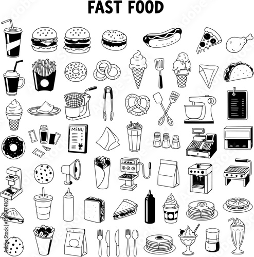 Hand-drawn fast food and snack collection: burgers, pizza, ice cream, coffee, and kitchen tools outline vector set on a white background.