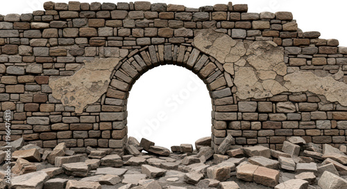 A stone wall with an archway is shown in a state of disrepair
