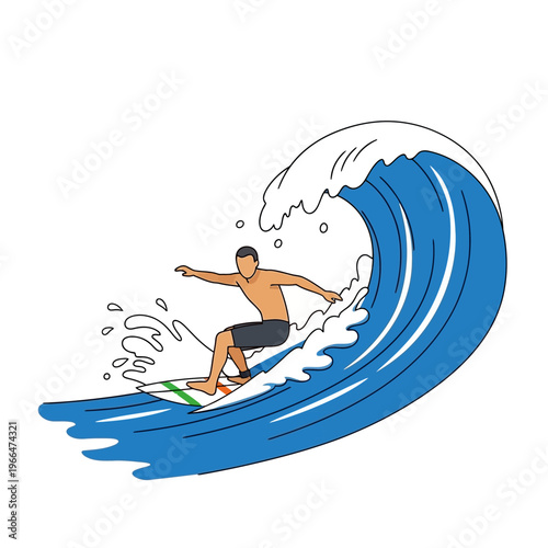 Surfer Riding a Crashing Blue Wave on White Background