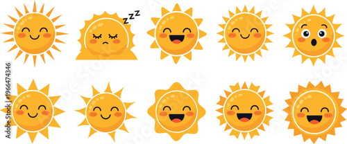 Cute sun character emoji set featuring various facial expressions like happy sleeping and surprised isolated on white background for kids summer design projects.