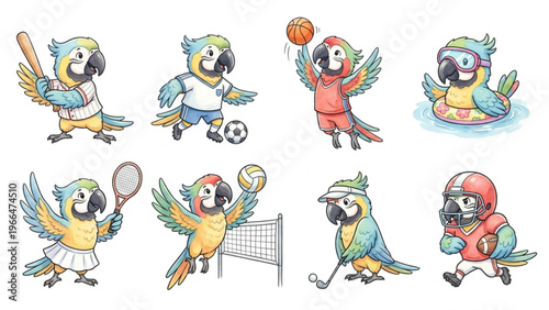  Set of funny cartoon cute Macaw animals in playful sports vector style featuring smiling characters for kids toy illustration collection
