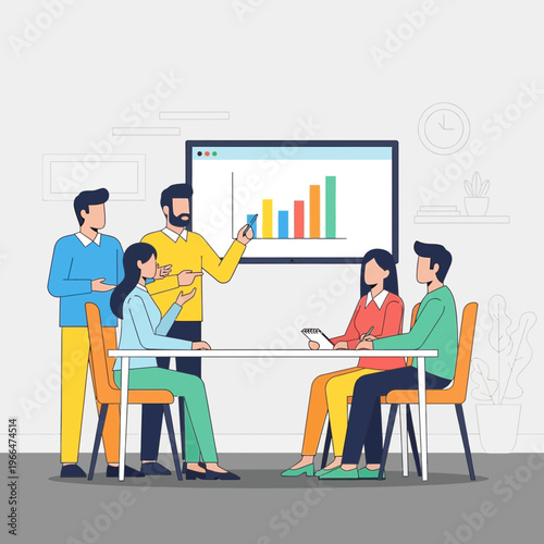 Team discussing data on a presentation screen