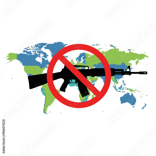 No War Concept: Gun Silhouette Against World Map with Red Prohibition Sign